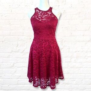 Material Girl Mini Skater Dress Lace Floral High Neck Size Small Berry Pink